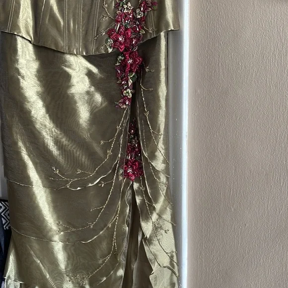 Rose Taft Mother of the Bride two-piece gown W BOLERO OLIVE BURGUNDY BEAD Custom